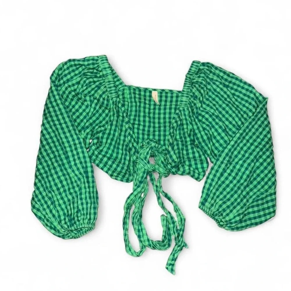 Spell green top Cottagecore Green Gingham Tie Front Crop Top